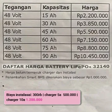Harga Baterai Lithium Sepeda Listrik LIfePO4 48v